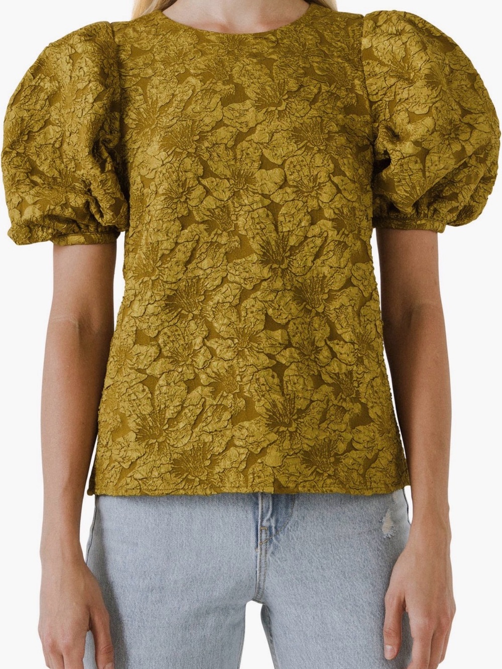 Floral Jacquard Puff-Sleeve Top in Mustard Gold, Victorian, Romantic S